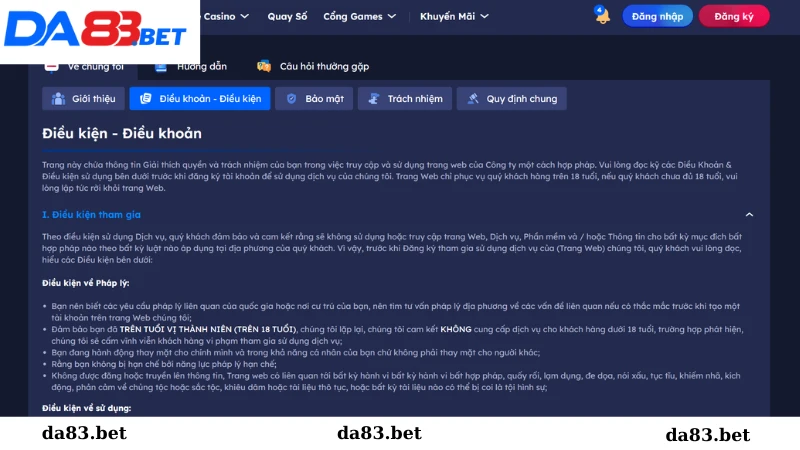 Nội dung điều khoản sử dụng tại nhà cái Da83