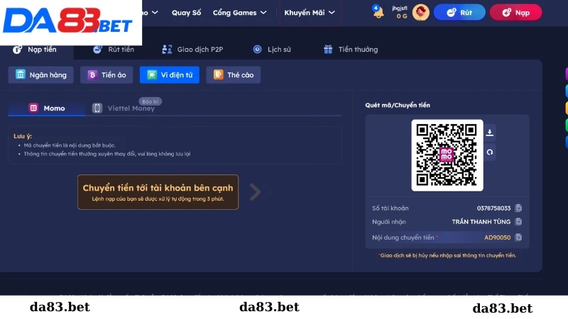 Nạp tiền vào ví điện tử Da83